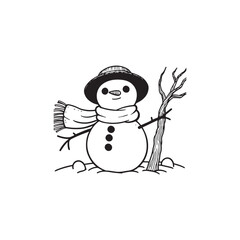 Flat Style Snowman Vector Illustration with Scarf and Hat - Black Outline