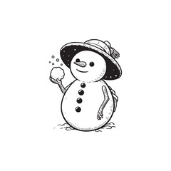Flat Style Snowman Vector Illustration with Scarf and Hat - Black Outline