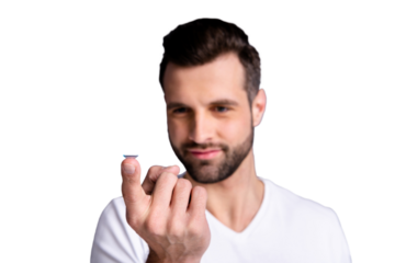 Close up photo of charming lovely man hold hand have correction medical service doctor feel content bristle isolated wear white fashionable clothing isolated grey background