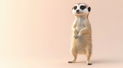 Fototapeta premium A 3D-rendered meerkat standing on its hind legs, with a soft pastel background on the right, symbolizing the curious and alert behavior of zoo wildlife