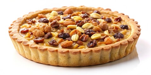 Golden crust topped with chopped nuts and raisins, fresh out of the oven, on a clean white background