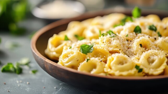 Tortellini pasta dish served with grated parmesan cheese, fresh herbs, and perfectly cooked, placed in a rustic wooden bowl. The light spills beautifully over the dish.