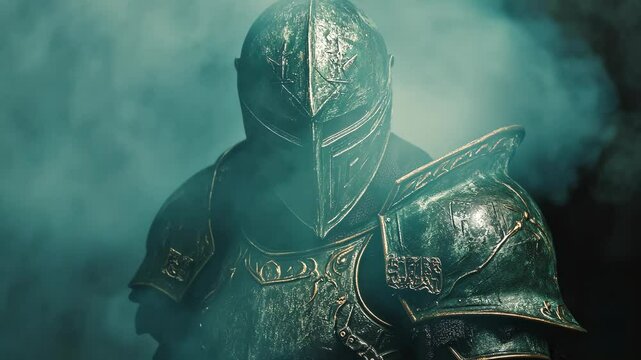 An epic portrayal of a medieval knight in intricately detailed armor against a mystical smoky backdrop