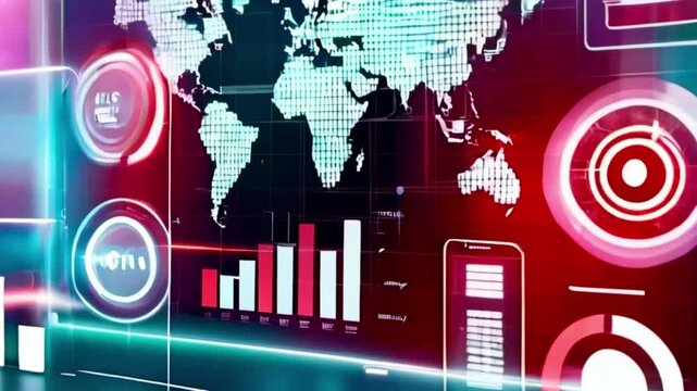 Futuristic interface with world map, charts and graphs on a screen with glowing lights.