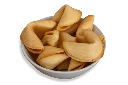 Close-up, bowl of fortune cookies isolated on transparent background