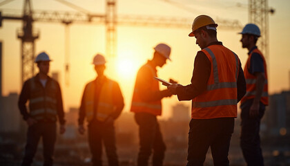 Silhouettes of an engineer and construction team working with a warm sunset glow and blurred background of structures and cranes.






