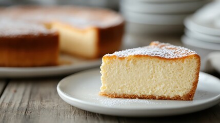 A slice of classic baked cheesecake delicately dusted with powdered sugar, placed on a white plate, with the whole cheesecake visible in the background on a rustic wooden table.