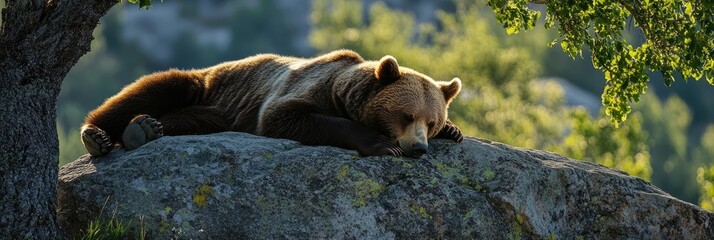 Bear Sleeping on a Large Rock Under a Tree