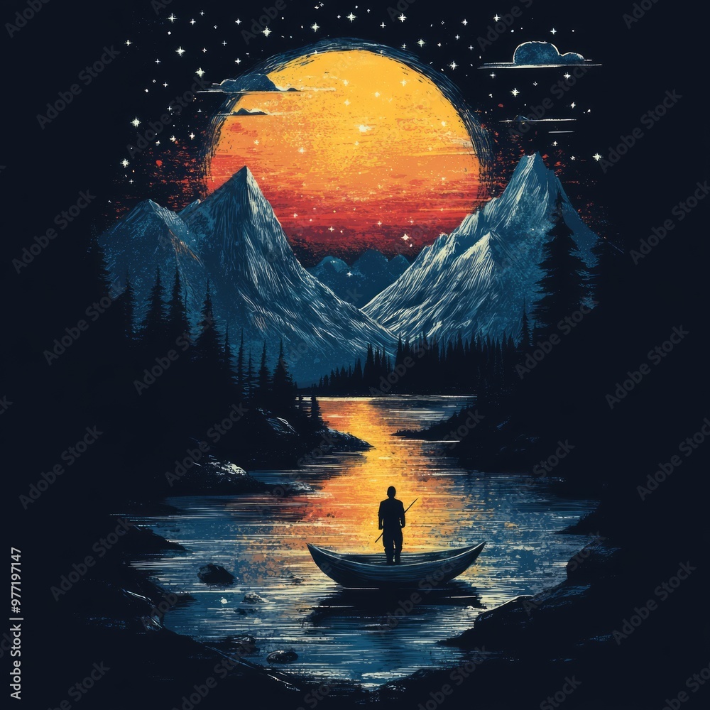 Sticker A serene landscape with mountains, a river, and a sunset backdrop.