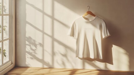 3D render of a T-shirt with a logo, side view, hanging on a wooden hanger, soft lighting