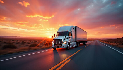 Obraz premium White trailer truck on empty roads at sunset with light trails, ideal for ads or promotions.