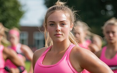 Female fitness trainer leading an outdoor cardio boot camp, diverse group on a sunny day, using bodyweight exercises and resistance bands