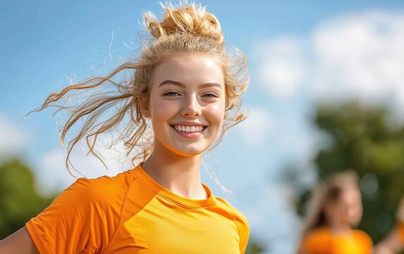 Female fitness trainer leading an outdoor cardio boot camp, diverse group on a sunny day, using bodyweight exercises and resistance bands