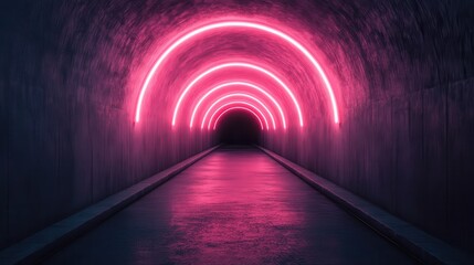 A visually striking tunnel features curved neon pink LED lights lining its length. The glowing, vivid lights create a contemporary and hypnotic overtone within the structure.
