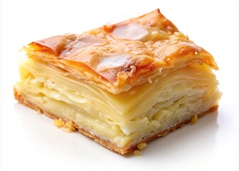 A galaktobouriko slice, the perfect balance of crispy filo dough and silky custard, against a pure white background.