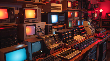 stack of retro computer in monitor room
