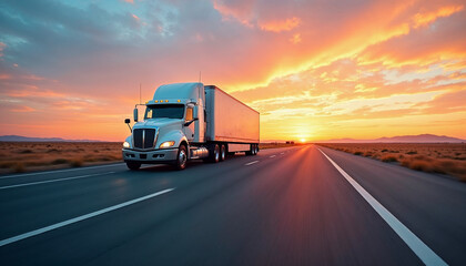White trailer truck on empty roads at sunset with light trails, ideal for ads or promotions.






