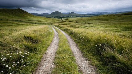 Fototapeta premium A dirt path meanders through green fields and rolling hills under a cloudy sky. The landscape exudes peace and solitude, reflecting rural tranquility.
