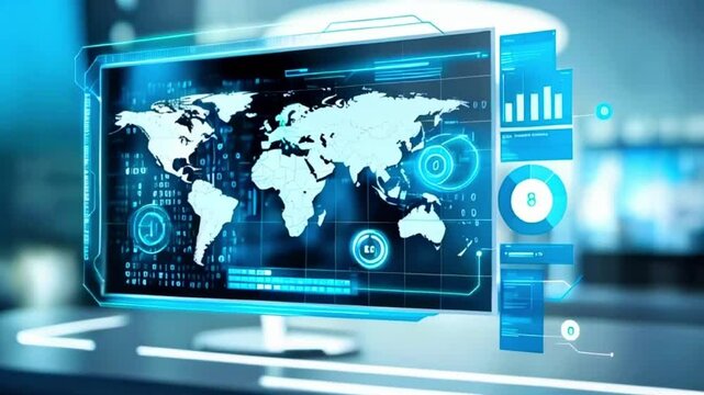 A digital monitor with a world map, charts, and data displayed on the screen.