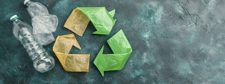 Recycling symbol with plastic waste on grey background. Eco-friendly waste management concept on blue background. Sustainability and environment protection. Copy space.