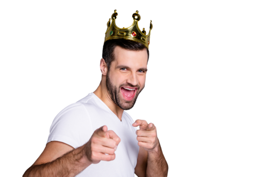 Portrait cute charming man recommend have weekend free time party laugh laughter excitement feel rejoice dressed white fashionable clothing isolated grey background