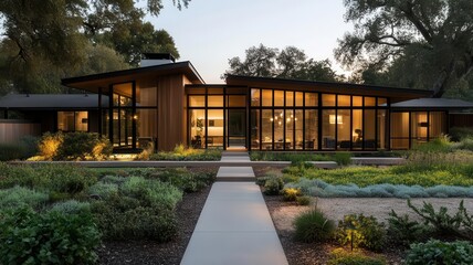 Majestic long shot of a teak midcentury modern home