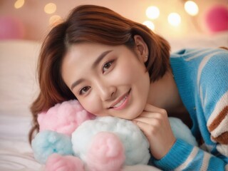 Young woman in cozy sweater posing with a teddy bear in a soft, pastel-themed bedroom filled with balloons and warm lights.