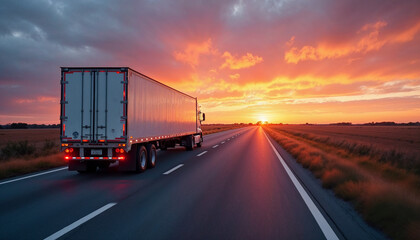 White trailer truck on empty roads at sunset with light trails, ideal for ads or promotions.






