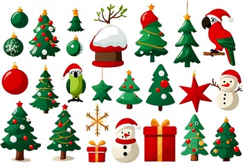 The image features multiple green Christmas trees of different sizes, adorned with colorful ornaments, stars, and holly berries.