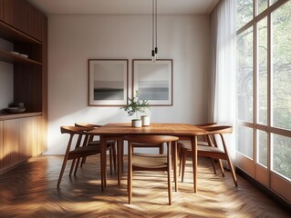 Worms-eye view, teak furniture in a midcentury house, intricate wood grain, warm and cozy ambiance, soft natural lighting, photorealistic