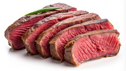 Fototapeta premium Delicately sliced Pannbiff steak, arranged on a curvaceous arc, showcasing its tender texture, on a pure white background.