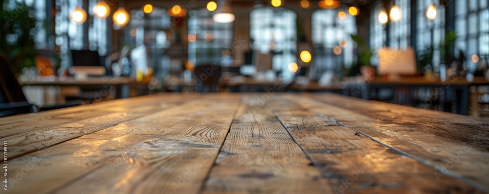 Wall mural the image features a modern, well-lit open office workspace with a focus on a rustic wooden table ex