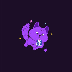 Cute cat astronaut licks a ball of earth, vector cartoon kitten cosmonaut flying in space with stars, fantasy funny pet