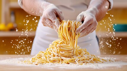 Fresh homemade pasta rests on a wooden table as flour falls like snow in the kitchen.