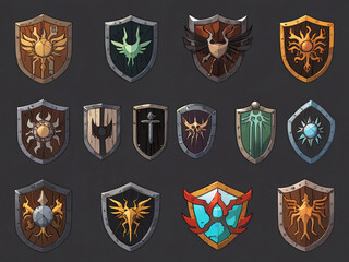 Obraz premium 3D 2D icon of various different magic shields for game design and games AI generated