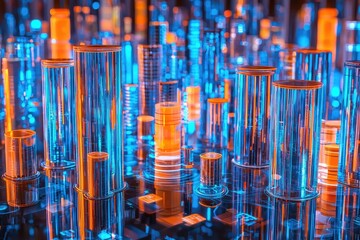 Obraz premium Abstract composition of glowing tubes in blue and orange, representing futuristic technology and vibrant digital innovation.