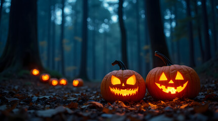 Halloween pumpkins glowing in the dark forest. Scary Halloween background. Generative AI