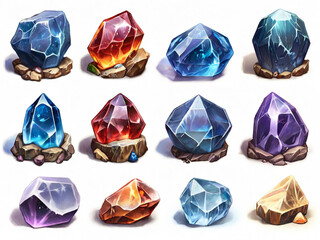 Naklejka premium 3D 2D icon of various different magic crystals for game design and games AI generated