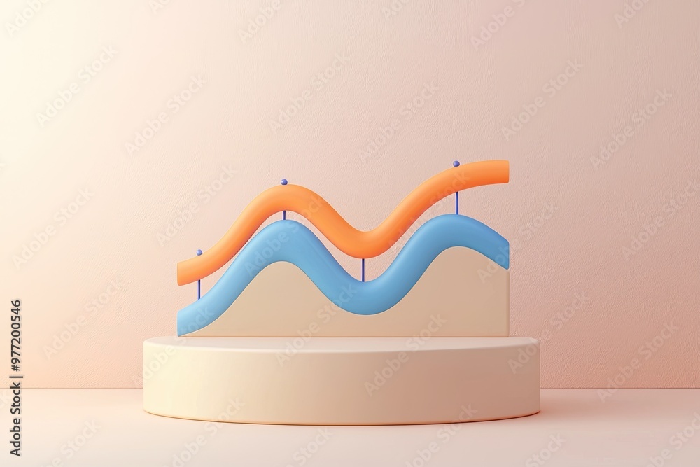 Wall mural vibrant wave shapes in blue and orange on a minimal platform, perfect for showcasing modern design a