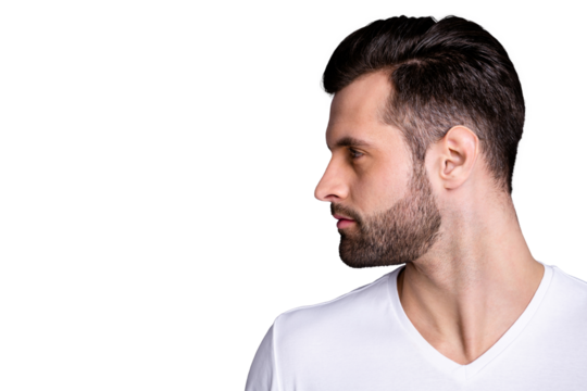 profile side view photo of focused concentrated lovely person look feel proud charming enjoy good-looking he his isolated white t-shirt bearded grey background