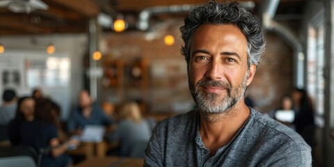 Fototapeta premium A bearded man with salt and pepper hair, dressed in casual grey attire, smiles confidently in a modern office setting adorned with warm lighting and bustling coworkers in the background