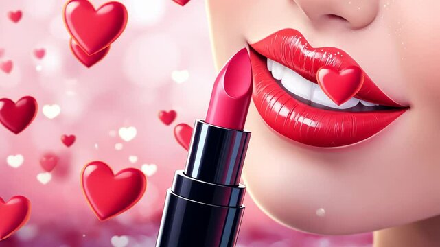 Applying vibrant red lipstick with floating heart animation