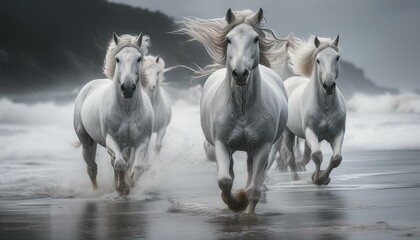 Three white horses galloping, running along the beach