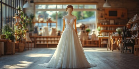 Fototapeta premium A beautiful bridal wedding gown is elegantly displayed on a mannequin in a sunlit, rustic-themed bridal boutique with large windows and wooden interiors