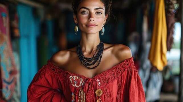 The image shows an elegant woman in an off-shoulder dress with bohemian flair, showcasing a confident style that mixes traditional charm with modern sensibility.