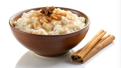 Rice pudding, often flavored with cinnamon and sugar, isolated on white Background':