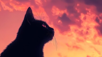 Close-up of a cat watching the horizon with the sky turning shades of pink and orange, Japanese animation style