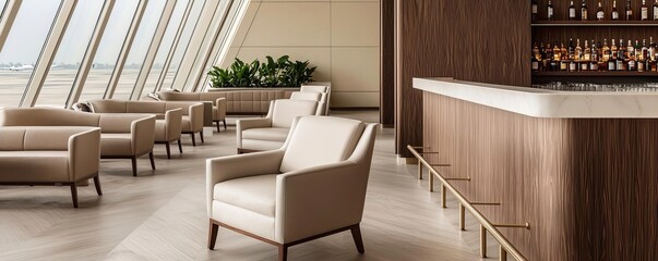 Luxury airport lounge scene with an emphasis on modern furniture