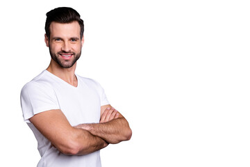 Portrait of nice lovely person people entrepreneur feel content toothy ready work solve decisions he his wear light-colored clothing isolated grey background