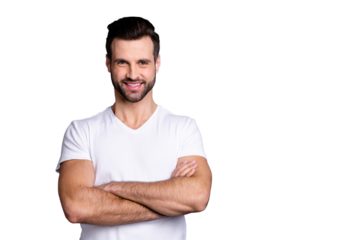 Portrait of charming lovely attractive feel satisfied content enjoy work occupation feel proud dressed white t-shirt he his isolated grey background